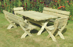 Bench shown with matching table and chairs (available separately)