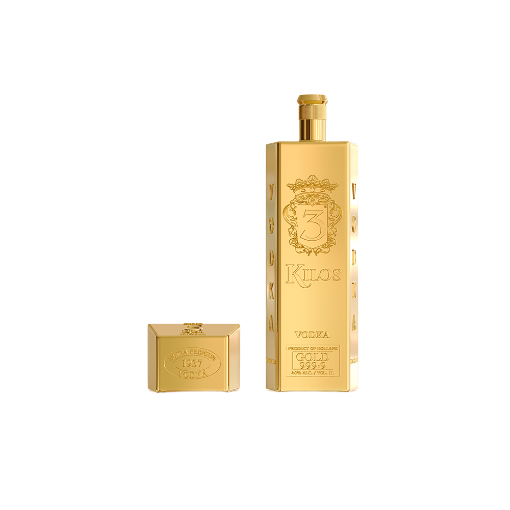 Botella 3 Kilos Vodka Gold 999.9 con forma de lingote