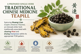 Educational graphic for Coptis Huang Lian Su Wan featuring Huang Lian (Coptis chinensis rhizome) and prepared teapills. Huang Lian is a bitter herb traditionally associated in Traditional Chinese Medicine with clearing Heat and drying Dampness within its appropriate TCM pattern.
