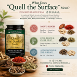 Educational infographic for Plum Flower Quell the Surface Dan Shen Huo Xue Wan Teapills explaining the traditional 12-herb formula and its TCM approach to Blood movement, Blood Heat, Heat, Wind, Qi movement, and the body's surface.