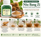 How to Prepare Niu Bang Zi Extract Powder: Follow these five simple steps to prepare a warm herbal drink using Plum Flower Burdock Seed extract. Always follow the product label or your herbal practitioner's instructions.