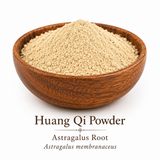 Premium Huang Qi Powder (Astragalus membranaceus) displayed in an elegant wooden bowl on a white background. The image highlights the powder's naturally fine consistency, light tan color, and clean appearance, reflecting the quality expected of traditional Chinese herbal products.