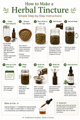 Educational infographic demonstrating the traditional process of making an herbal tincture at home. The illustration includes gathering supplies, measuring dried herbs, combining herbs with alcohol in a glass jar, sealing and shaking the mixture, storing it during extraction, straining the liquid, bottling the tincture in amber dropper bottles, labeling the finished product, and proper storage techniques.