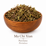 Premium dried Purslane (Portulaca oleracea), also known as Ma Chi Xian, displayed in an elegant wooden bowl on a white background, highlighting the herb's natural green leaves and reddish stems.