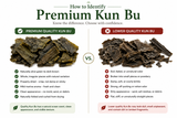 infographic compares premium-quality Kun Bu (Laminaria japonica) with lower-quality material to help customers identify authentic whole dried Chinese seaweed. The left side displays premium Kun Bu with naturally olive-green to dark brown, whole irregular pieces that are properly dried, clean, and naturally folded. The right side shows examples of lower-quality Kun Bu with dull coloring, excessive breakage, poor texture, and other undesirable characteristics. The clean side-by-side layout provides a visual guide for selecting high-quality Kun Bu before purchasing.