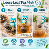 Step-by-step infographic showing how to use the Owl Loose Leaf Tea Infuser. The graphic demonstrates filling the reusable 18/8 stainless steel infuser with loose tea, resting the owl on the rim of a mug while the tea steeps, and removing the infuser when brewing is complete. It highlights easy cleanup, reusable construction and brewing without disposable tea bags.