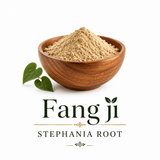 Fang Ji Stephania root powder in an elegant wooden bowl, Stephania tetrandra whole-root powder used in traditional Chinese herbalism.
