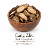 Cang Zhu in an elegant wooden bowl that is showing in detail what the herb looks like