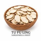 Premium Tu Fu Ling (Smilax Glabra) sliced sarsaparilla root in a wooden bowl traditionally used for detox, skin, and joint wellness support.