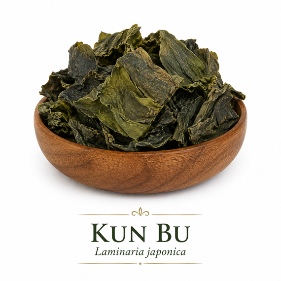 An elegant wooden bowl filled with whole dried Kun Bu (Laminaria japonica) sits centered on a clean white background. The herb consists of naturally curled, irregular pieces ranging in color from olive green to deep brown with a slightly wrinkled texture, highlighting its minimally processed, whole-herb appearance.