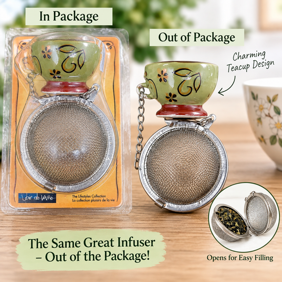 Cup & Saucer Loose Leaf Tea Infuser shown both packaged and out of the package. This reusable tea infuser features a decorative green teacup and saucer-style top attached to a stainless steel mesh tea ball that opens for adding loose leaf tea.