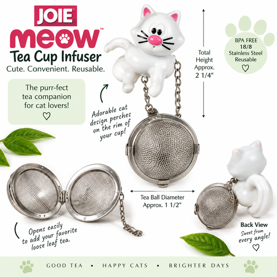 JOIE MEOW Cat Tea Cup Infuser shown outside of its packaging, featuring the playful white cat design attached to a reusable 18/8 stainless steel mesh tea ball. The image shows the infuser from multiple angles, including the mesh tea ball opened for adding loose leaf tea and closed for brewing. The cat is designed to perch on the rim of a cup while the tea ball steeps below.