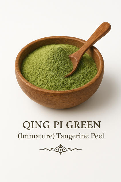 Green Immature Tangerine Peel, also known as Qing Pi, in powder form, in a wooden bowl, showing the fine powder consistency