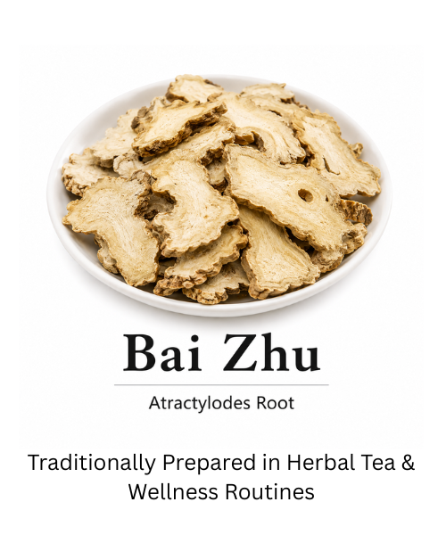 Sliced dried bulk Bai Zhu rhizome (White Atractylodes) used in traditional Chinese medicine to support digestion.