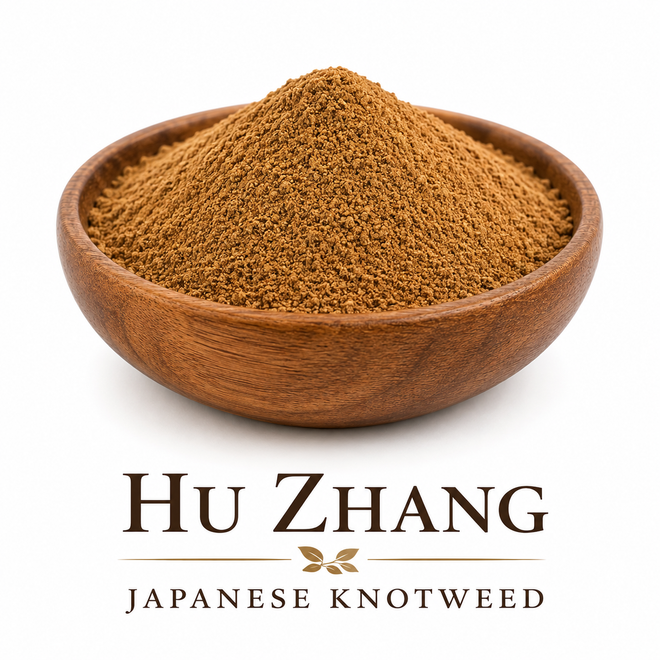 Hu Zhang (Japanese Knotweed) in a finely ground tea cut form displayed in a wooden bowl. This coarse-ground herbal root has a texture similar to brown sugar and can be used for traditional herbal preparations, including decoctions and capsules.