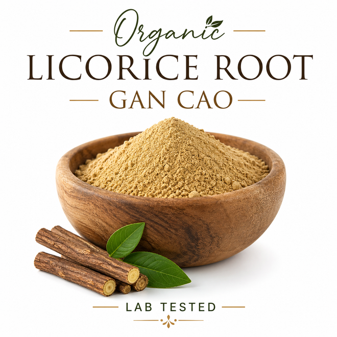 Organic Licorice Root Powder (Gan Cao) displayed in a wooden bowl on a white background, premium Chinese herbal powder with Lab Tested quality.
