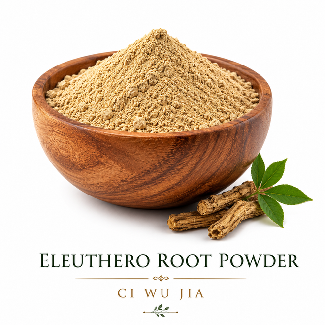 Premium Eleuthero Root Powder (Ci Wu Jia) in an elegant wooden bowl on a white background, authentic Eleutherococcus senticosus herbal powder from Plum Flower.