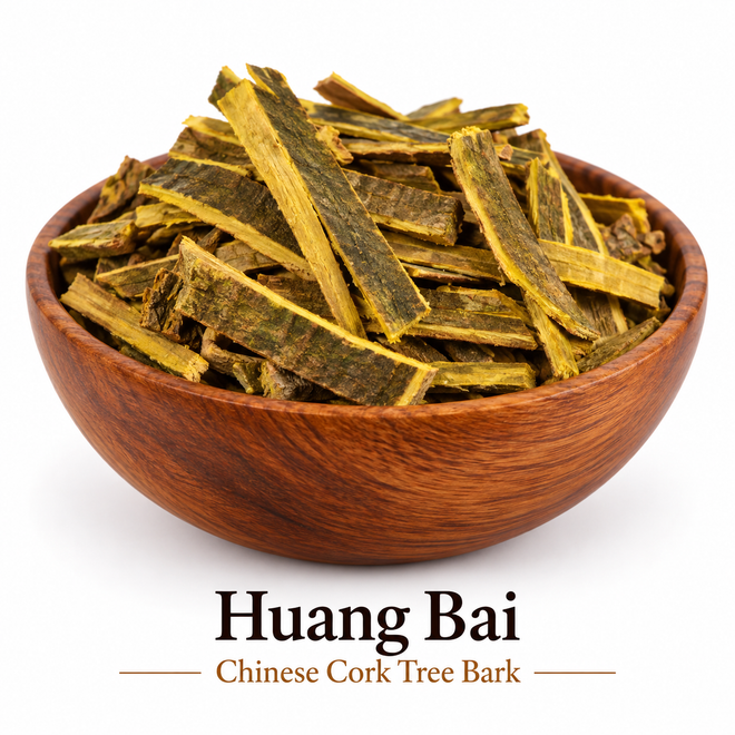 Huang Bai Chinese cork tree bark slices in a wooden bowl