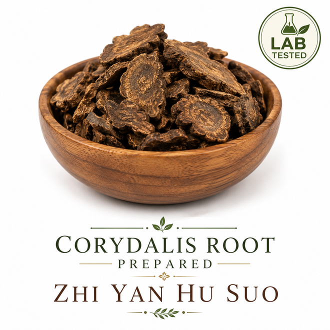 Yan Hu Suo (Corydalis yanhusuo) dried prepared root slices displayed in an elegant wooden bowl on a white background, lab-tested traditional Chinese herb used in Traditional Chinese Medicine.