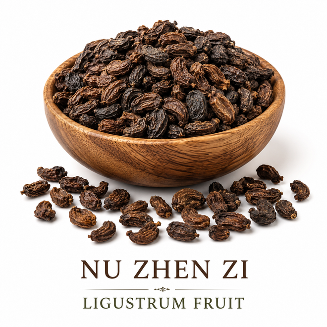 Nu Zhen Zi (Ligustrum Fruit) displayed in an elegant wooden bowl on a white background, featuring whole dried Ligustrum lucidum fruits with the names "Nu Zhen Zi" and "Ligustrum Fruit" beneath the bowl.