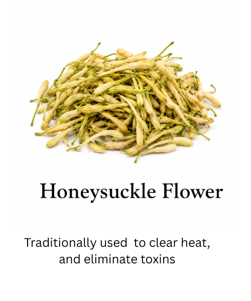 Traditionally used in Chinese herbalism to "Clear Heat and Resolve Toxicity," Honeysuckle Flower (Jin Yin Hua) is a staple cooling herb. It is commonly utilized to help soothe and clear excess heat from the Lung and Stomach channels, helping the body maintain its natural, healthy equilibrium during seasonal changes.