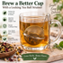Stainless steel locking tea ball strainer steeping in a clear glass mug of herbal tea. The graphic highlights the secure locking clasp, fine mesh, chain with hook, and reusable design for brewing loose-leaf tea and cut herbs in individual cups.
