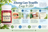 Plum Flower Zhong Gan Ling Teapills 100-count bottle with illustrated instructions showing how to take teapills with water, convenient use at home or while traveling, and no brewing or preparation required.