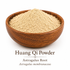 Premium Huang Qi Powder (Astragalus membranaceus) displayed in an elegant wooden bowl on a white background. The image highlights the powder's naturally fine consistency, light tan color, and clean appearance, reflecting the quality expected of traditional Chinese herbal products.