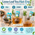 Step-by-step infographic showing how to use the Owl Loose Leaf Tea Infuser. The graphic demonstrates filling the reusable 18/8 stainless steel infuser with loose tea, resting the owl on the rim of a mug while the tea steeps, and removing the infuser when brewing is complete. It highlights easy cleanup, reusable construction and brewing without disposable tea bags.