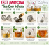 Step-by-step guide showing how to use the JOIE MEOW cat loose leaf tea infuser by adding tea, perching the cat on the cup, steeping and removing the infuser.