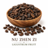 Nu Zhen Zi (Ligustrum Fruit) displayed in an elegant wooden bowl on a white background, featuring whole dried Ligustrum lucidum fruits with the names "Nu Zhen Zi" and "Ligustrum Fruit" beneath the bowl.