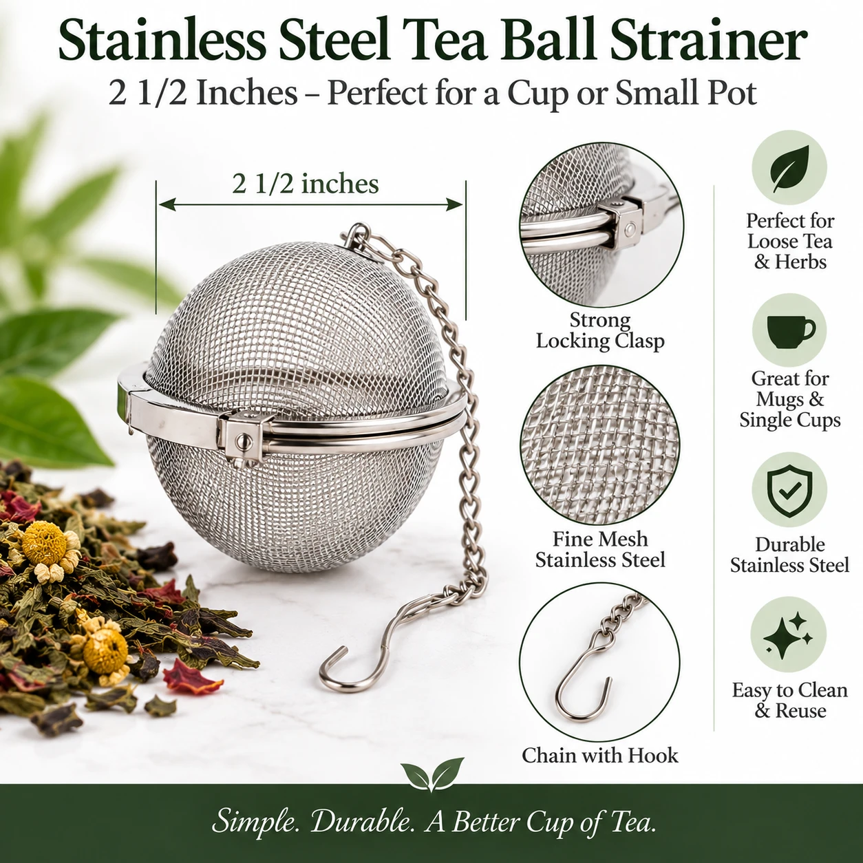 2.5-inch stainless steel tea ball strainer with locking clasp, fine mesh, chain and hook
