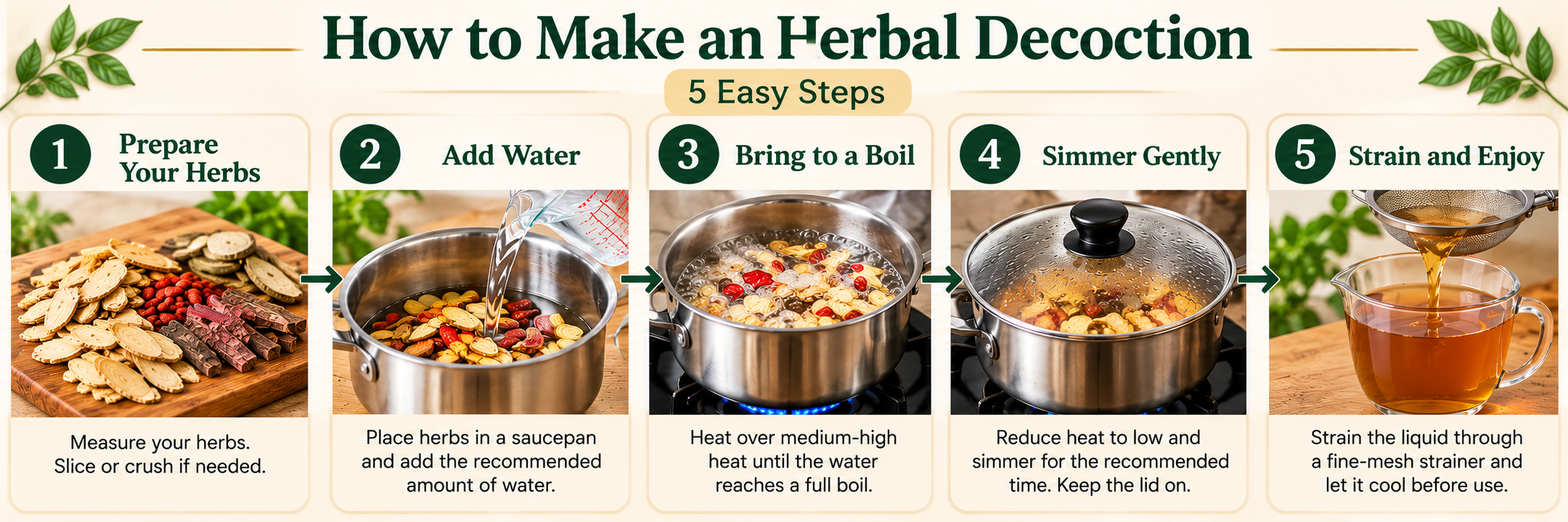 Five easy steps to make a Chinese herbal decoction: prepare dried roots, bark, and berries, add water, bring to a boil, simmer gently, and strain the finished herbal tea