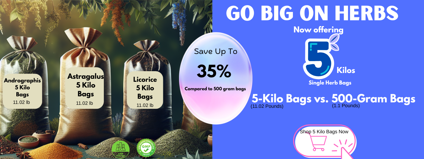 Go big on herbs with our new 5-Kilo (≈11 lb) bulk bags. Save up to 35% compared to 500-gram sizes on single herb bags. Perfect for practitioners and bulk buyers.