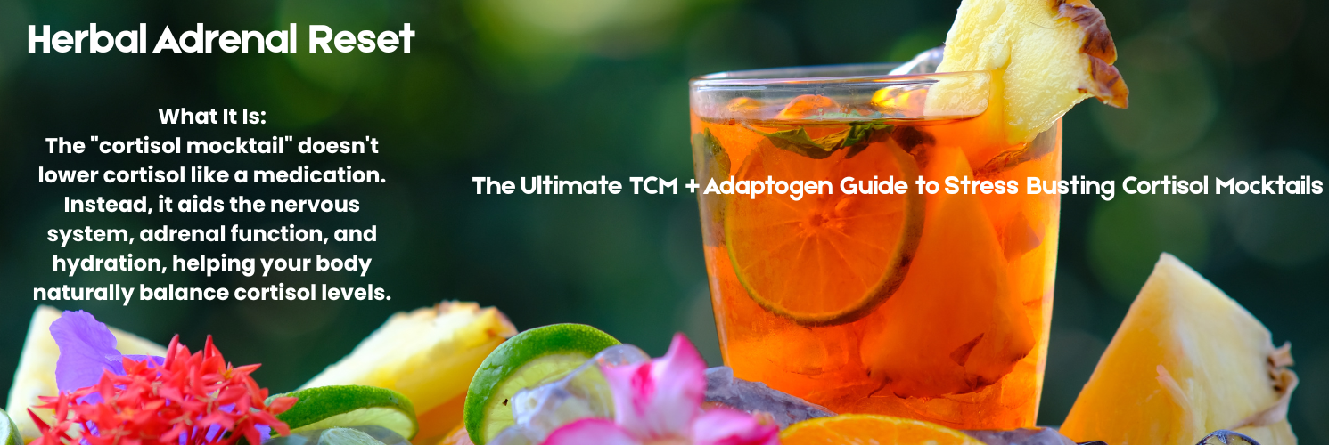 Herbal adrenal reset mocktail in a glass with lemon and herbs, supporting natural stress relief with adaptogens like ashwagandha, reishi, and tulsi