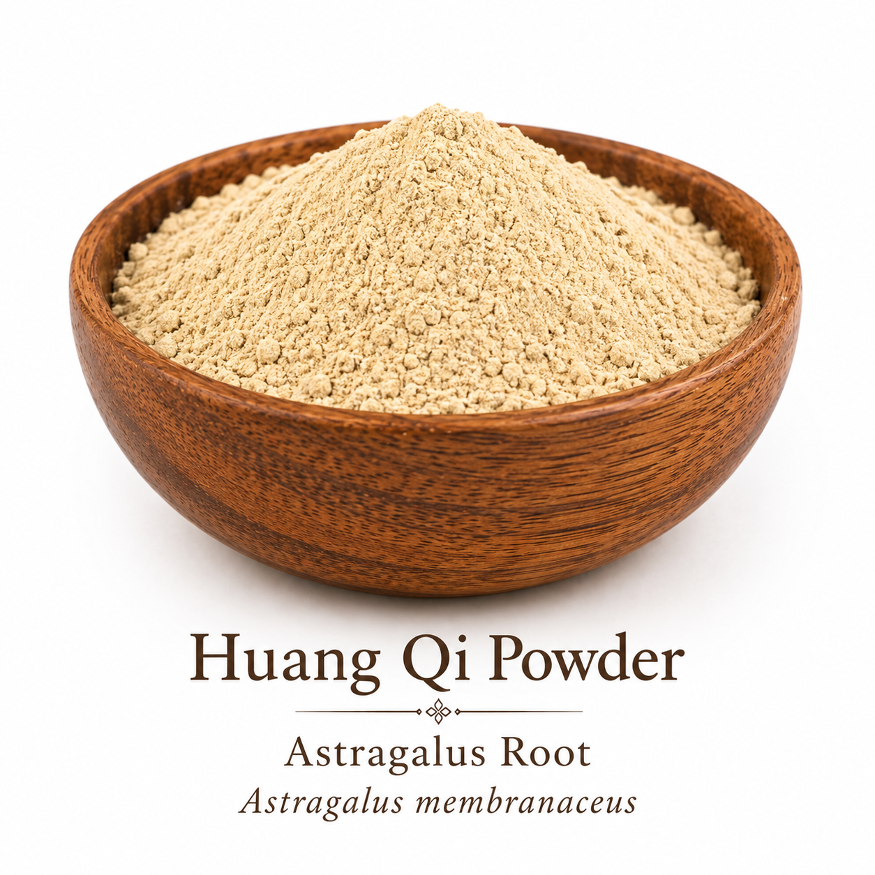 Premium Huang Qi Powder (Astragalus Root, Astragalus membranaceus) displayed in an elegant wooden bowl on a white background, highlighting the herb's fine texture and natural light tan color.