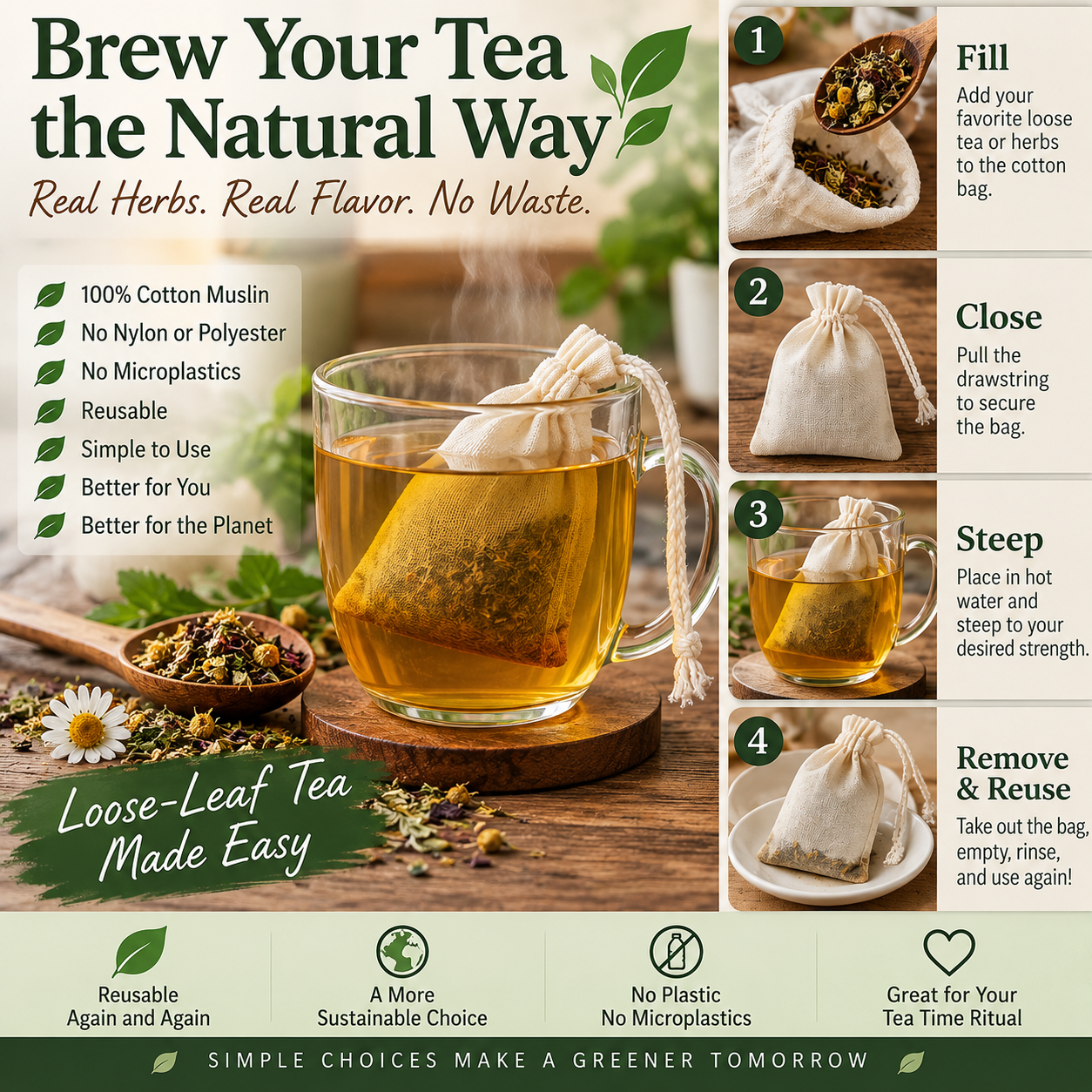 Step by step instructions on how to brew tea using a cotton teabag