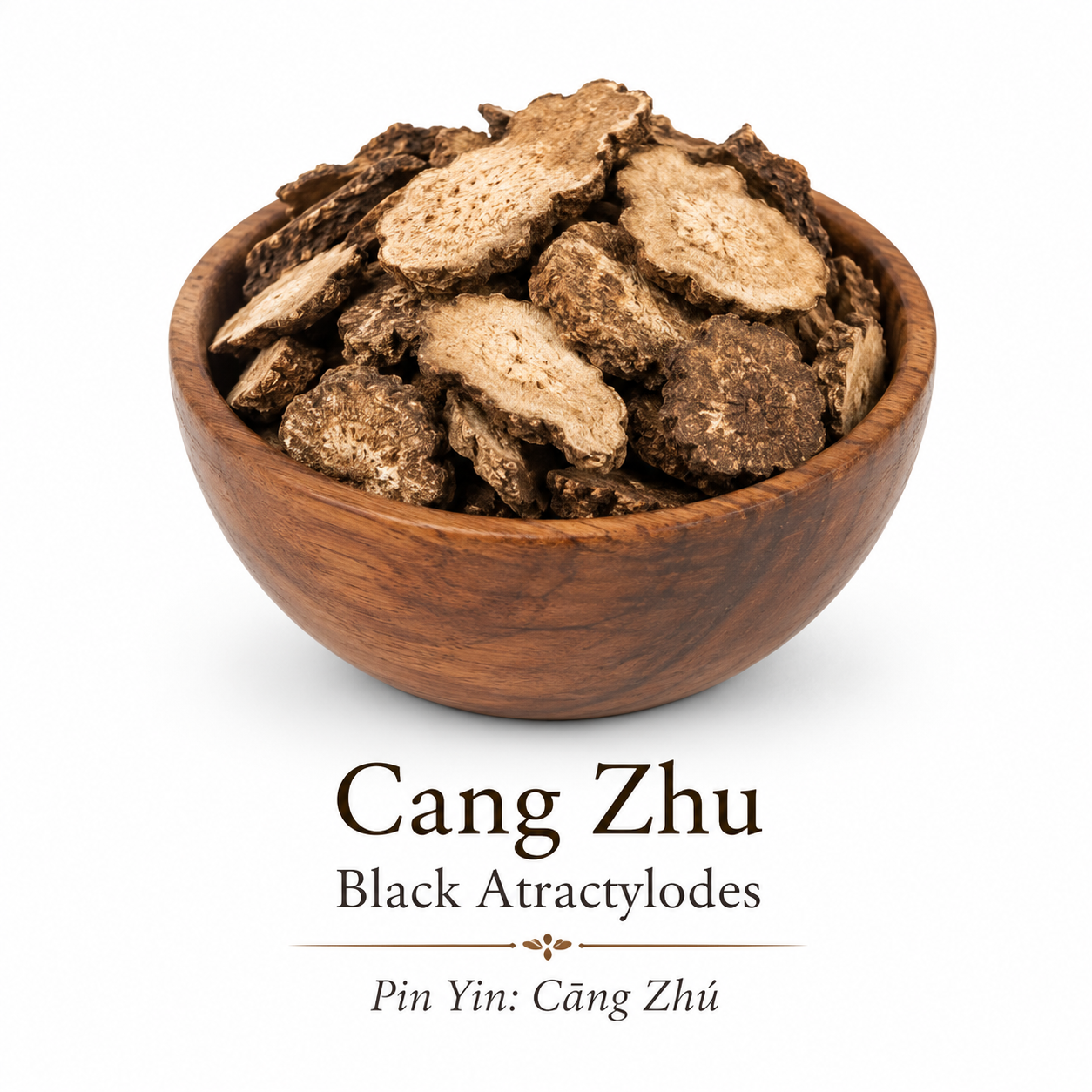 Cang Zhu Atractylodes Black in a bowl sliced and showing what it looks like