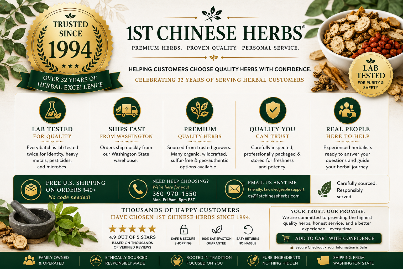 The 1st Chinese Herbs homepage banner highlights our commitment to providing premium Chinese herbs, medicinal mushrooms, herbal teas, botanical powders, and traditional herbal products. Every batch is carefully sourced and laboratory tested for identity, purity, and quality. Since 1994, customers have trusted 1st Chinese Herbs for authentic herbs, knowledgeable customer service, fast shipping from Washington State, and dependable quality.