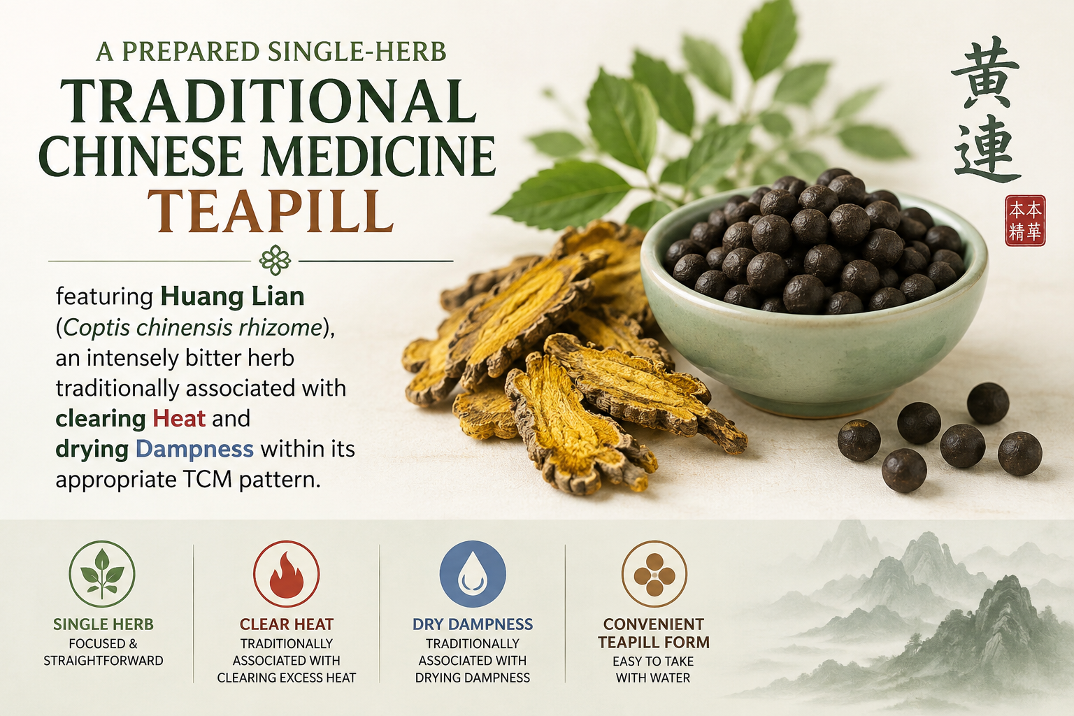 Huang Lian Su Wan Coptis chinensis teapills, a single-herb TCM product traditionally associated with clearing Heat and drying Dampness.