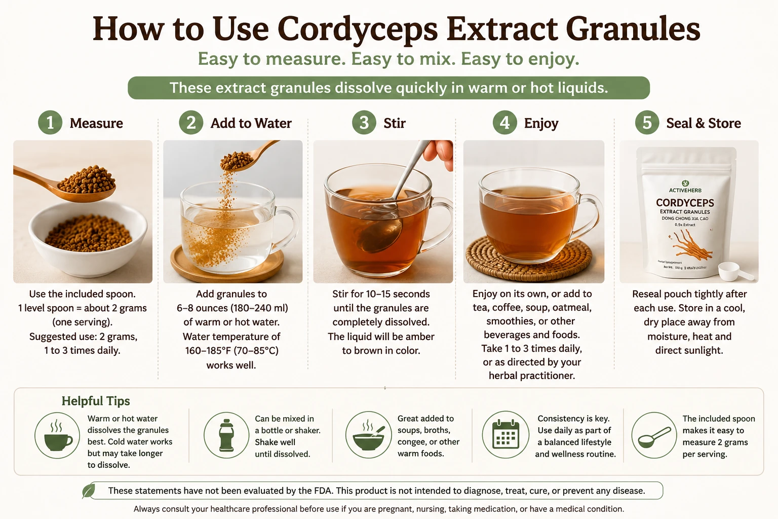 Infographic on how to use cordyceps granules with step by step instructions