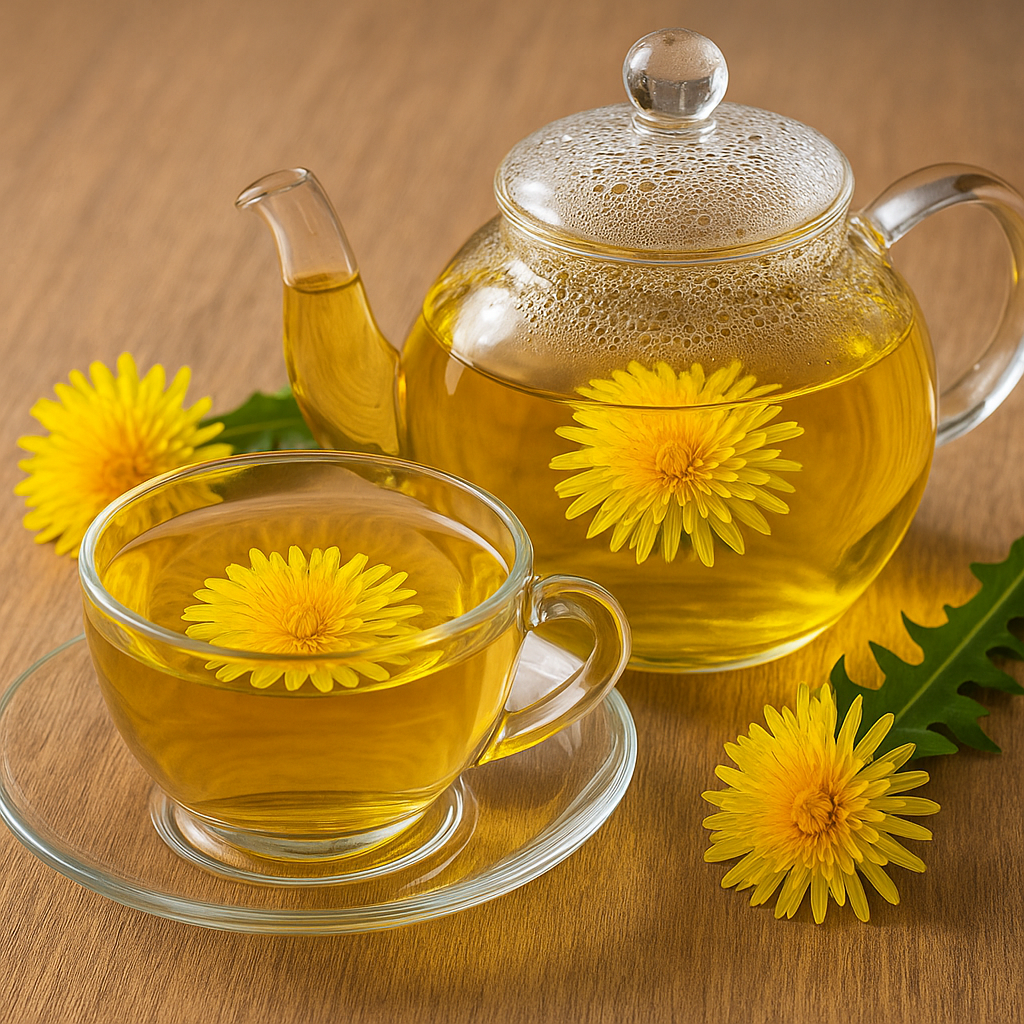 dandelion tea with flower and teapot 
