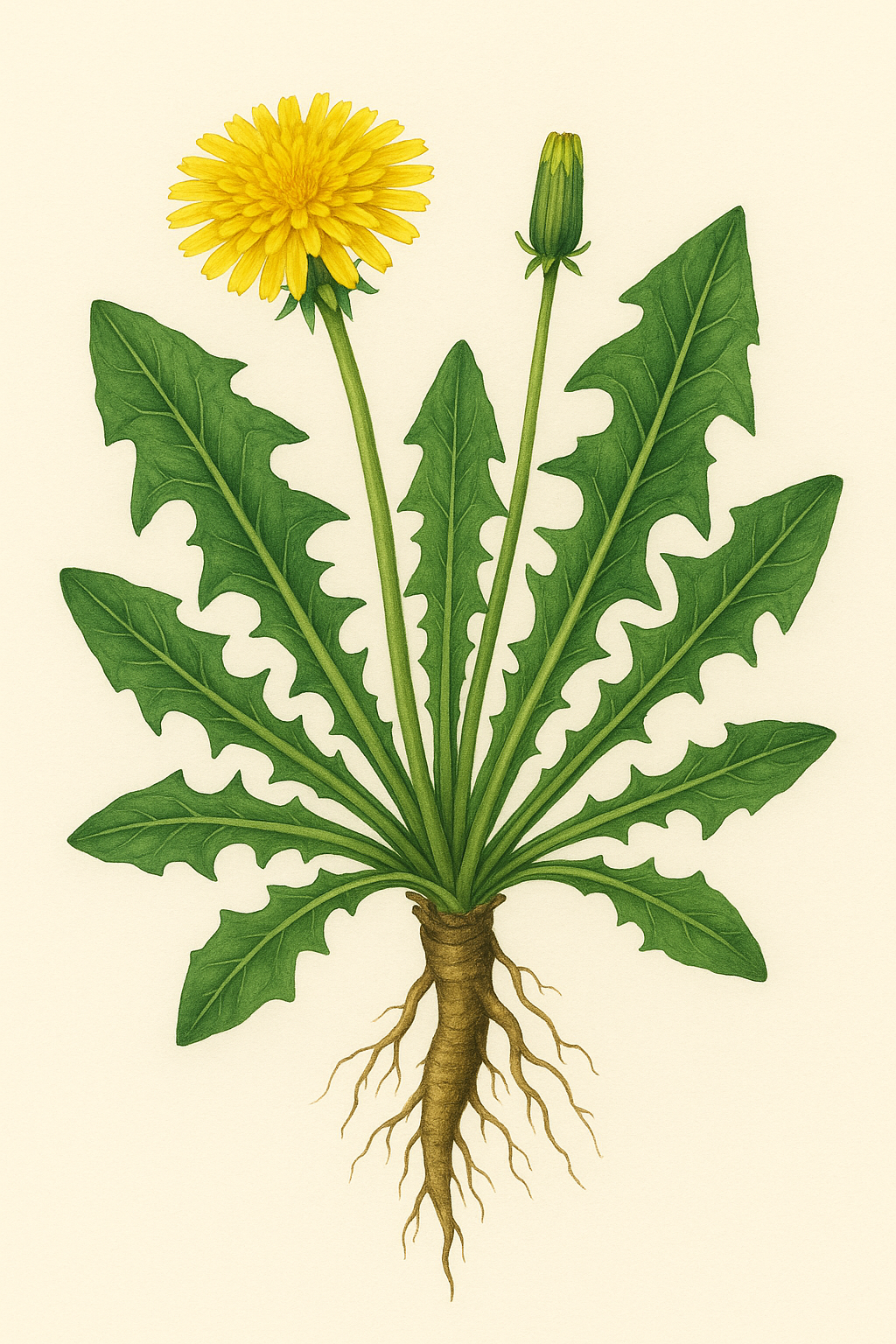 dandelion herb root, leaves, and flowers