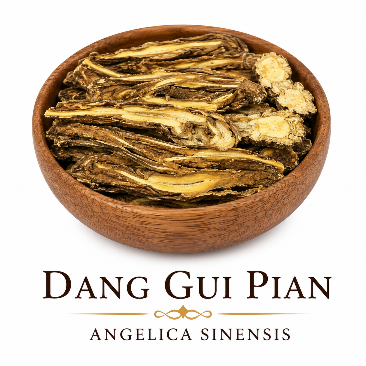 Dang Gui Pian in a bowl showing the quality of the herb