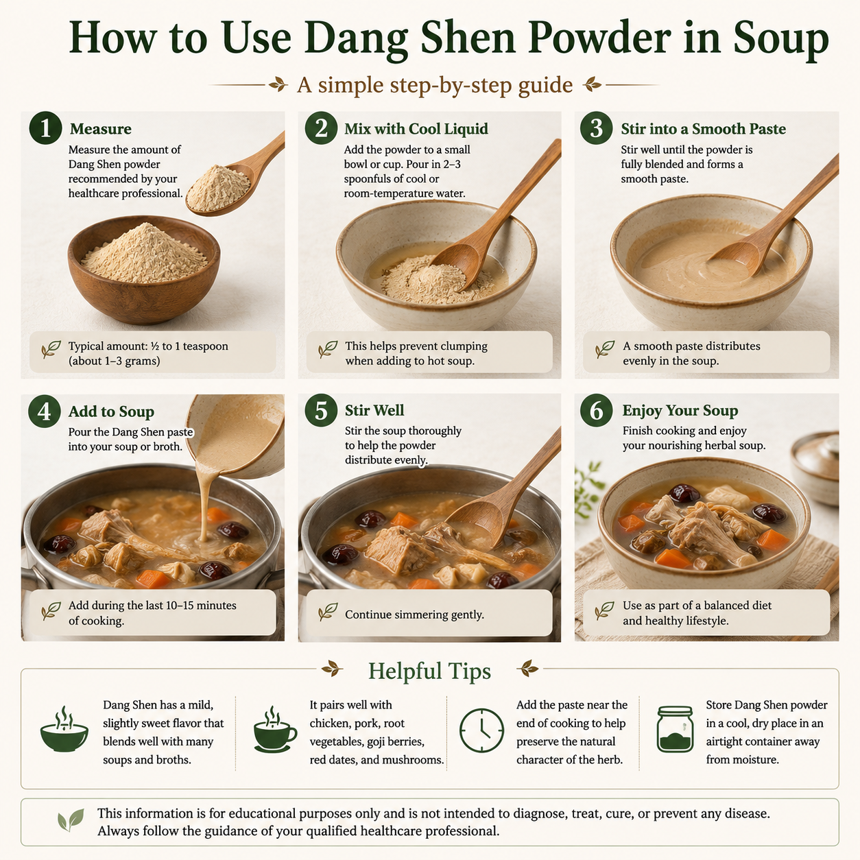 Step-by-step guide illustrating how to prepare organic Codonopsis root (Dang Shen) powder for soup by mixing the powder into a paste before adding it to warm broth.