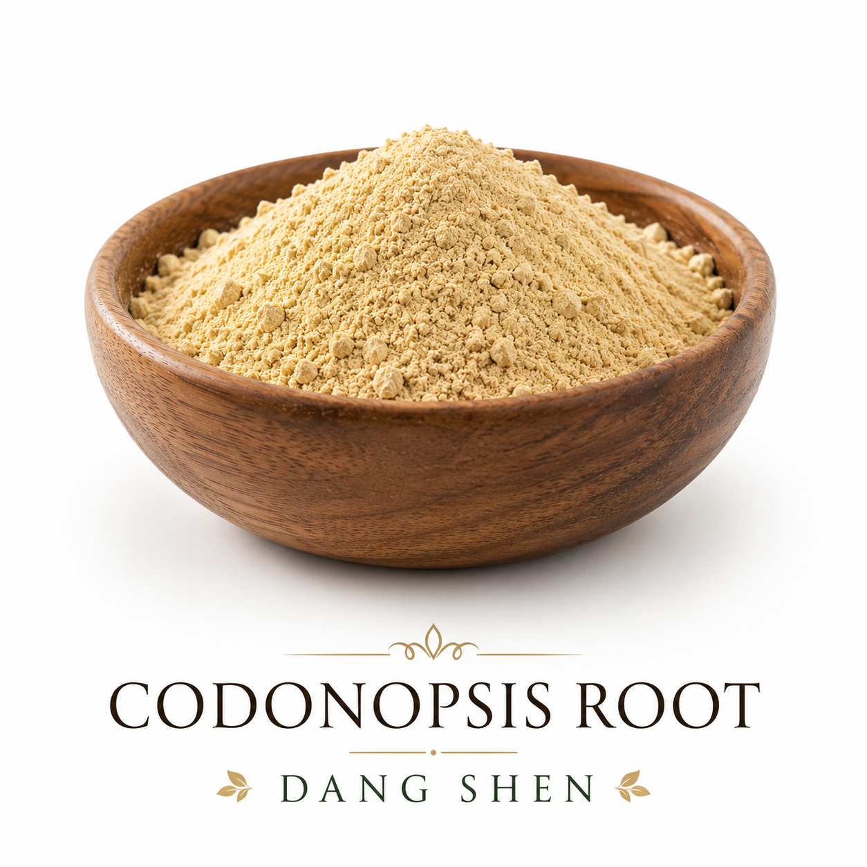 Elegant wooden bowl filled with organic Codonopsis root powder (Dang Shen) on a white background.