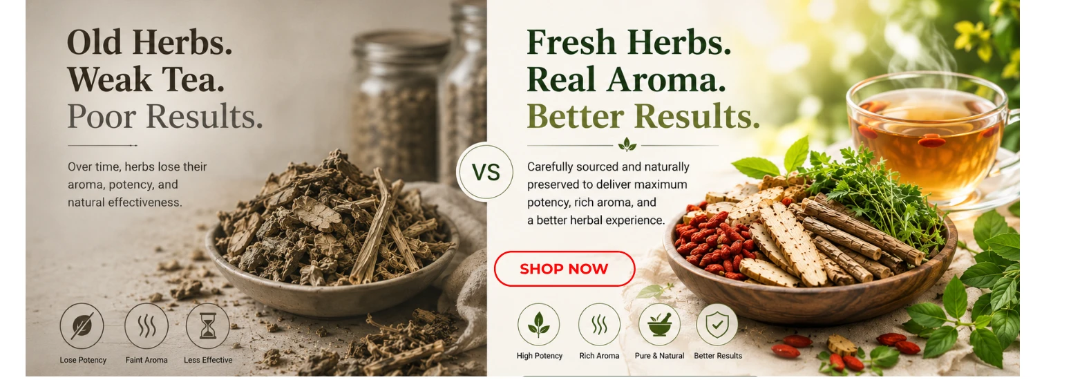 Stale dried herbs in a bowl showing dusty, faded, low-quality herbs with poor potency and old storage conditions