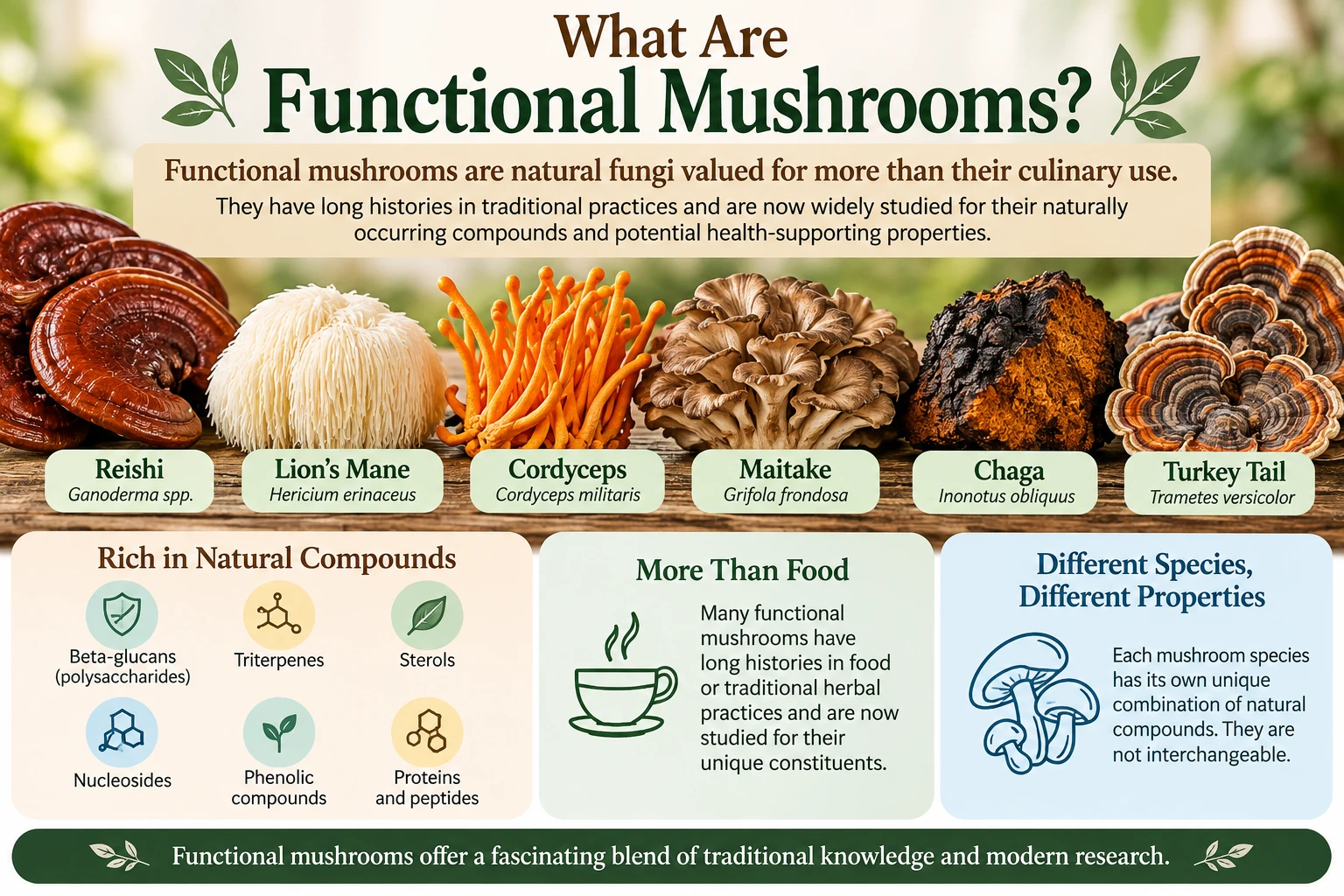 Functional mushrooms including Reishi, Lion's Mane, Cordyceps, Maitake, Chaga and Turkey Tail, with examples of naturally occurring mushroom compounds.