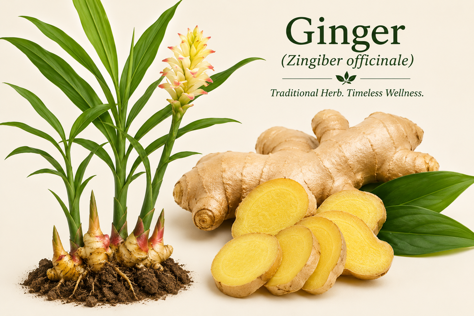 Ginger root plant, and ginger root slices 