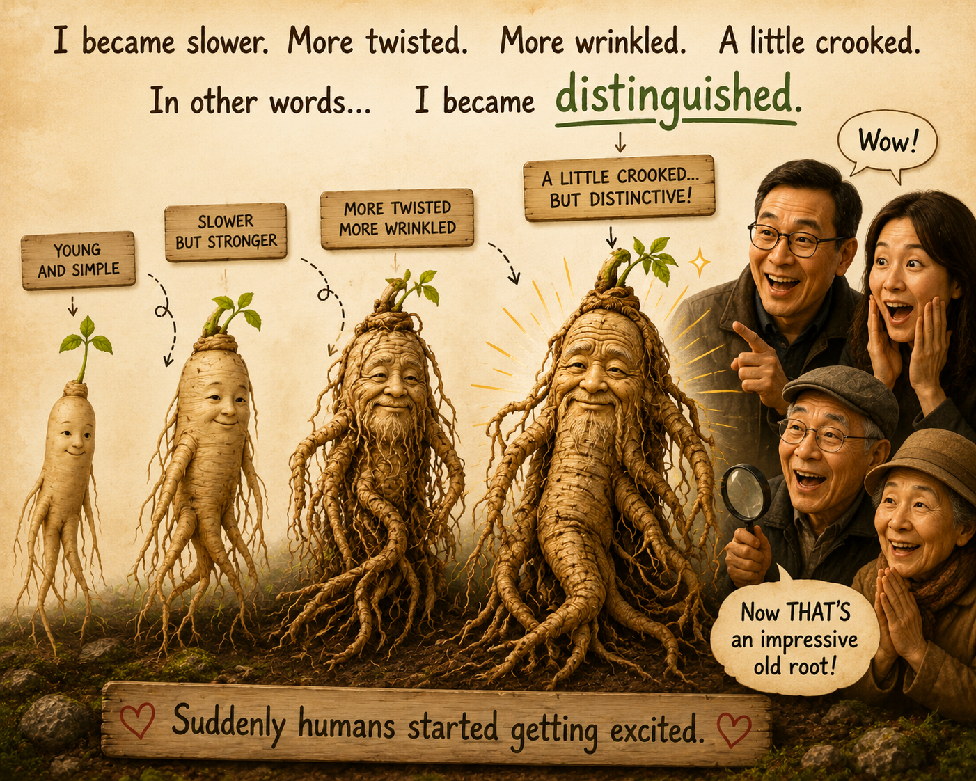 Ginseng root becomes for distinguished with age and the older the better
